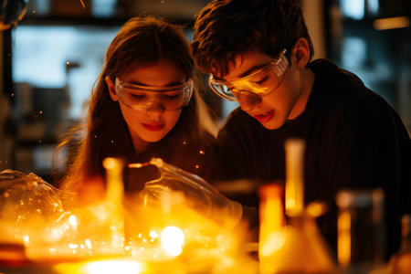 Two young students wearing safety glasses observing a chemical reaction with sparks and lights in a laboratory, conducting a science experimentの素材