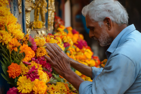 Devotee praying with hands joined in front of a colorful flower shrine in India, showing faith and devotionの素材