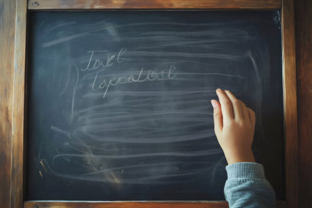 Close up of child's hand writing motivational quote on vintage blackboard with piece of chalkの素材