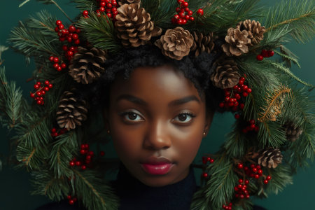 Festive portrait of a young woman wearing a handmade Christmas wreath decorated with pine cones and red berriesの素材