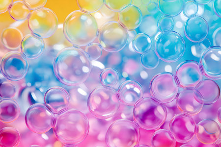 Colorful translucent bubbles creating an abstract pattern on a vibrant rainbow gradient backgroundの素材