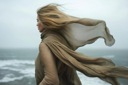 Fashion model wearing flowing scarf standing near the ocean with wind blowing hair and fabricの素材