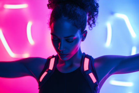 Young woman with curly hair, dressed in vibrant futuristic sportswear, glowing under colorful neon lights in a stylish, dark studio settingの素材