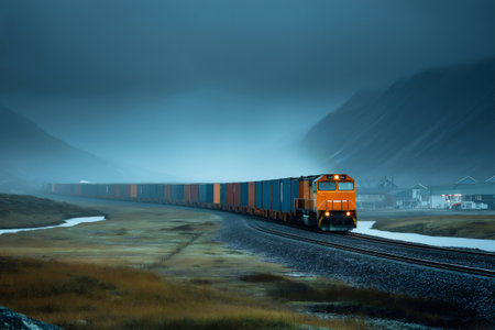 Orange freight train carrying colorful shipping containers is leaving a port in a valley between mountains at dawnの素材