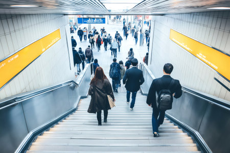 Japanese commuters and businesspeople going down the stairs to enter a busy subway stationの素材