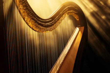 Golden harp strings glowing under warm studio lights, creating a magical and enchanting musical atmosphereの素材