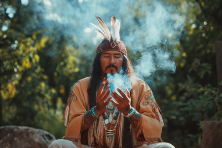 Native American shaman with traditional clothing and feathered headdress performing a sacred smoke ritual in natureの素材