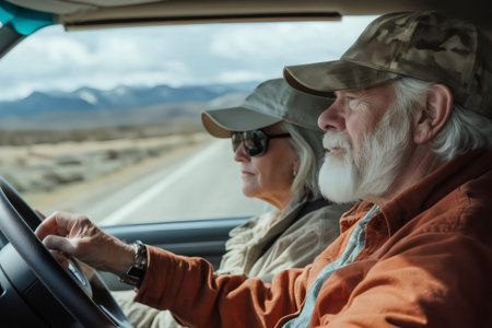 Elderly couple traveling by car using gps navigation system while driving on a scenic roadの素材