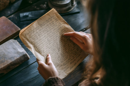 Woman historian carefully reading an old handwritten letter at a wooden table in the archive, conducting historical researchの素材