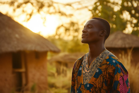 Portrait of a young African man wearing a colorful dashiki, standing in his village at sunset, enjoying the peaceful atmosphereの素材