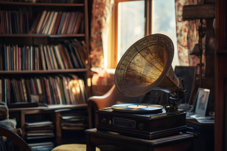 Old gramophone playing a vinyl record in a cozy vintage room, with antique furniture and a library in the backgroundの素材