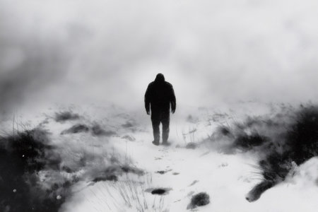 Bigfoot leaving footprints in snow while walking away under a blizzard in a misty winter landscapeの素材