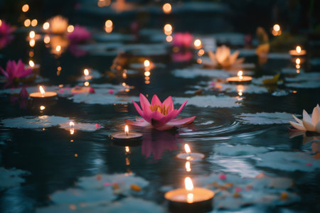 Tranquil scene with a pink lotus flower surrounded by floating candles, creating a peaceful and spiritual atmosphereの素材