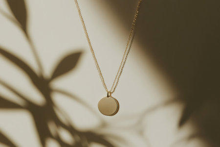 Minimalist gold necklace hanging against a beige background with tropical leaf shadows, perfect for showcasing jewelry designの素材