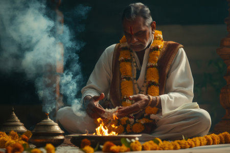Elderly Hindu priest performs a puja ceremony with flowers and incense, creating a mystical atmosphere in a templeの素材