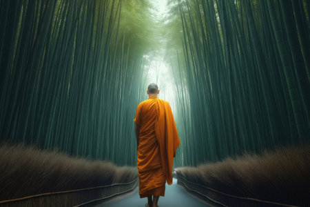 Monk walking on a path in a bamboo forest wearing orange robes, searching for peace and enlightenmentの素材