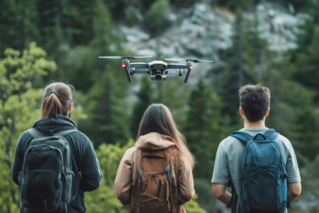 Three videographers with backpacks are operating a drone, capturing stunning footage of a breathtaking mountain landscapeの素材