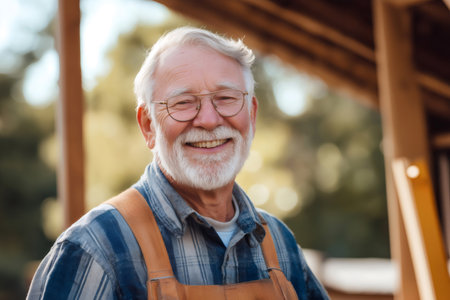 Cheerful senior carpenter smiling proudly after finishing a project in his workshop, reflecting years of skill and craftsmanshipの素材