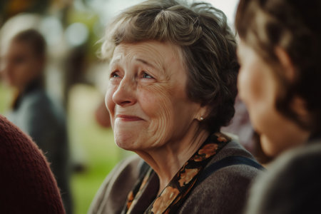 Retired woman, overwhelmed with emotion, sheds tears of joy during a heartfelt family reunion, surrounded by loved ones in a warm settingの素材