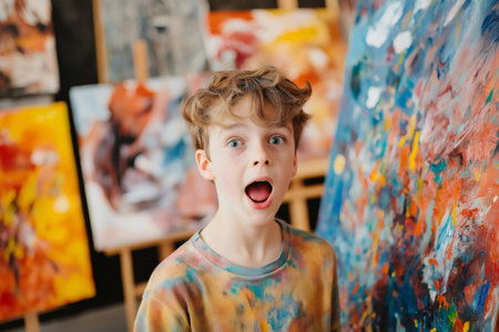 Young student is amazed by the colorful paintings in his art class, expressing surprise and wonderの素材