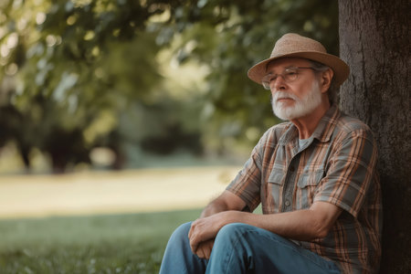 Retired man sitting under a tree, lost in thought, in a peaceful park setting. Wearing casual clothes and a hat, enjoying a serene momentの素材