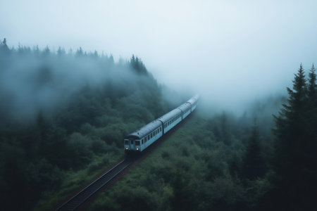 Passenger train moving on railway in foggy forest, creating a mysterious and evocative atmosphereの素材