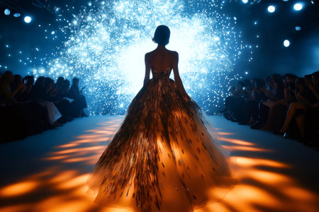 Fashion model showcasing a designer gown during a fashion show with audience and spectacular lightingの素材