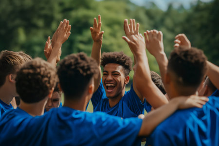 Multi ethnic soccer team celebrating their victory, giving high fives and hugging each otherの素材