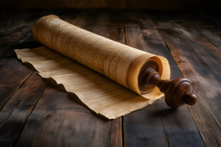 Torah scroll partially unrolled on a dark wooden table, with a yad pointer, evoking Jewish heritage and religious practiceの素材