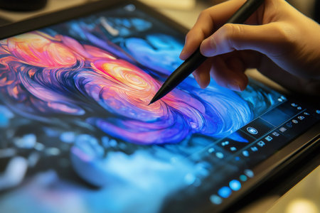 Hand using a stylus to draw vibrant digital artwork on a tablet, showing creativity and technology in modern digital illustrationの素材