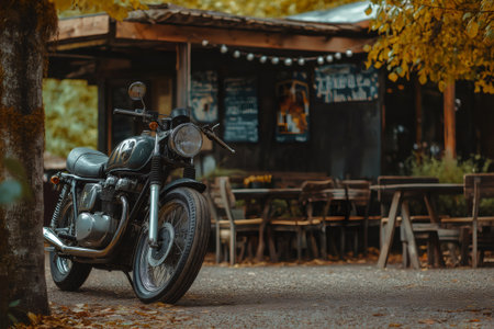 Classic motorcycle parked near a cozy cafe in the countryside during the fall season, evoking a sense of freedom and adventureの素材