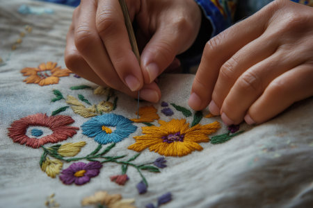 Close up of skilled hands sewing intricate floral embroidery on fabric, showing detailed craftsmanship and vibrant thread colorsの素材