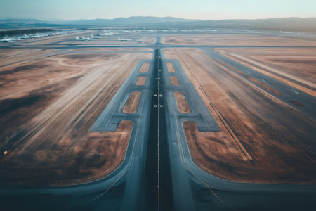 Stunning aerial view of airport runways and taxiways at dawn, showcasing the vastness and complexity of airport infrastructureの素材