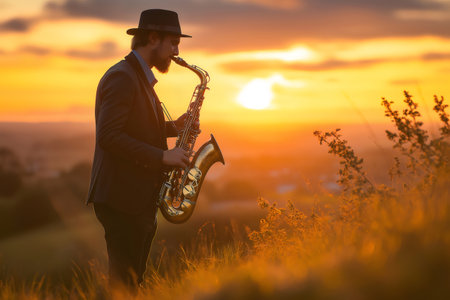 Saxophonist passionately plays music on a hill during a breathtaking sunset, creating a serene and artistic atmosphere in natureの素材
