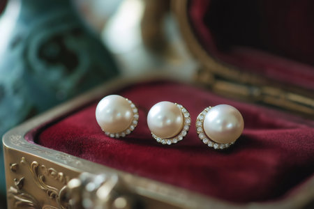 Luxurious set of pearl earrings adorned with diamonds, elegantly resting on a rich red velvet jewelry box, exuding timeless sophisticationの素材