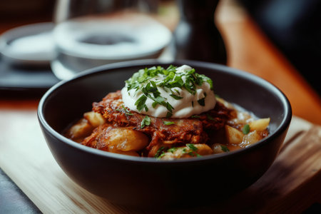 Potato latkes served in a black bowl, garnished with sour cream and fresh parsley, resting on a wooden surfaceの素材