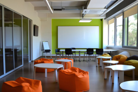 Empty collaborative workspace with whiteboards, beanbags, and tables, fostering a relaxed and productive environmentの素材