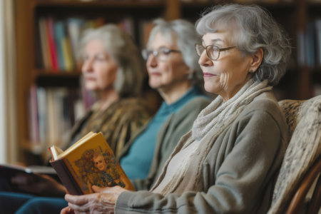 Group of senior women sitting and listening during a book club meeting, one of them holding an open bookの素材