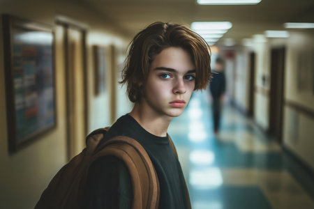 Melancholic student standing in a school hallway, reflecting feelings of loneliness and anxiety, embodying the challenges of youth and educationの素材