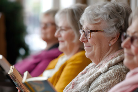 Group of senior women sitting in a row, holding and reading books, enjoying literature and each other's companyの素材
