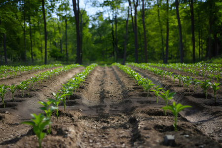 Seedlings planted in rows in a reforestation area, promoting sustainable forestry practices and environmental conservation near a forestの素材