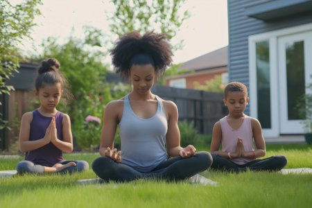 Mother and children practicing yoga together in the garden, promoting healthy lifestyle and family bondingの素材