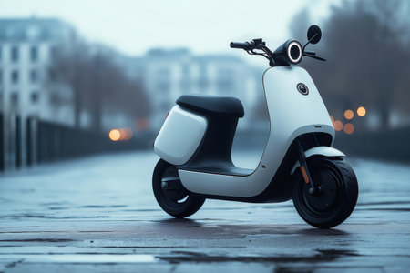 White electric scooter parked on a wet city street in a cloudy day, promoting sustainable individual transportationの素材