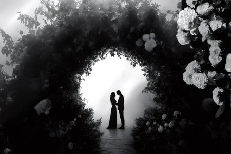Black and white silhouette of a couple holding hands under a floral archway, creating a romantic and intimate wedding sceneの素材