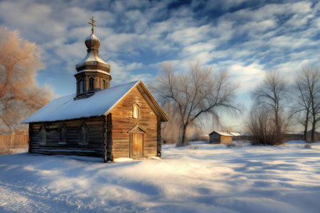Snow covered rustic wooden chapel with cross on top standing in winter landscape under cloudy skyの素材
