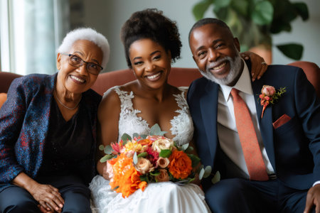 Happy multi ethnic family celebrating a wedding, bride holding bouquet posing with groom and grandparentsの素材