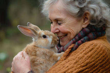 Happy retired woman cuddling an adorable rabbit, savoring a serene moment in nature and enjoying the warmth of companionship outdoorsの素材