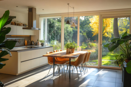 Sun shining through large windows into a modern kitchen with dining table and view of garden during a sunny autumn dayの素材