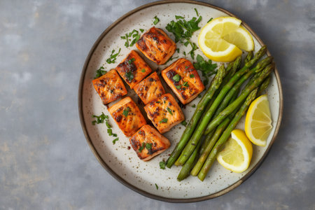 Delicious grilled salmon cubes served with steamed asparagus, lemon wedges and parsley on a plate, offering a healthy and flavorful mealの素材