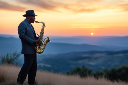 Saxophonist immersed in music on a scenic hilltop during sunset, creating a serene and soulful ambiance with vibrant colors in the skyの素材